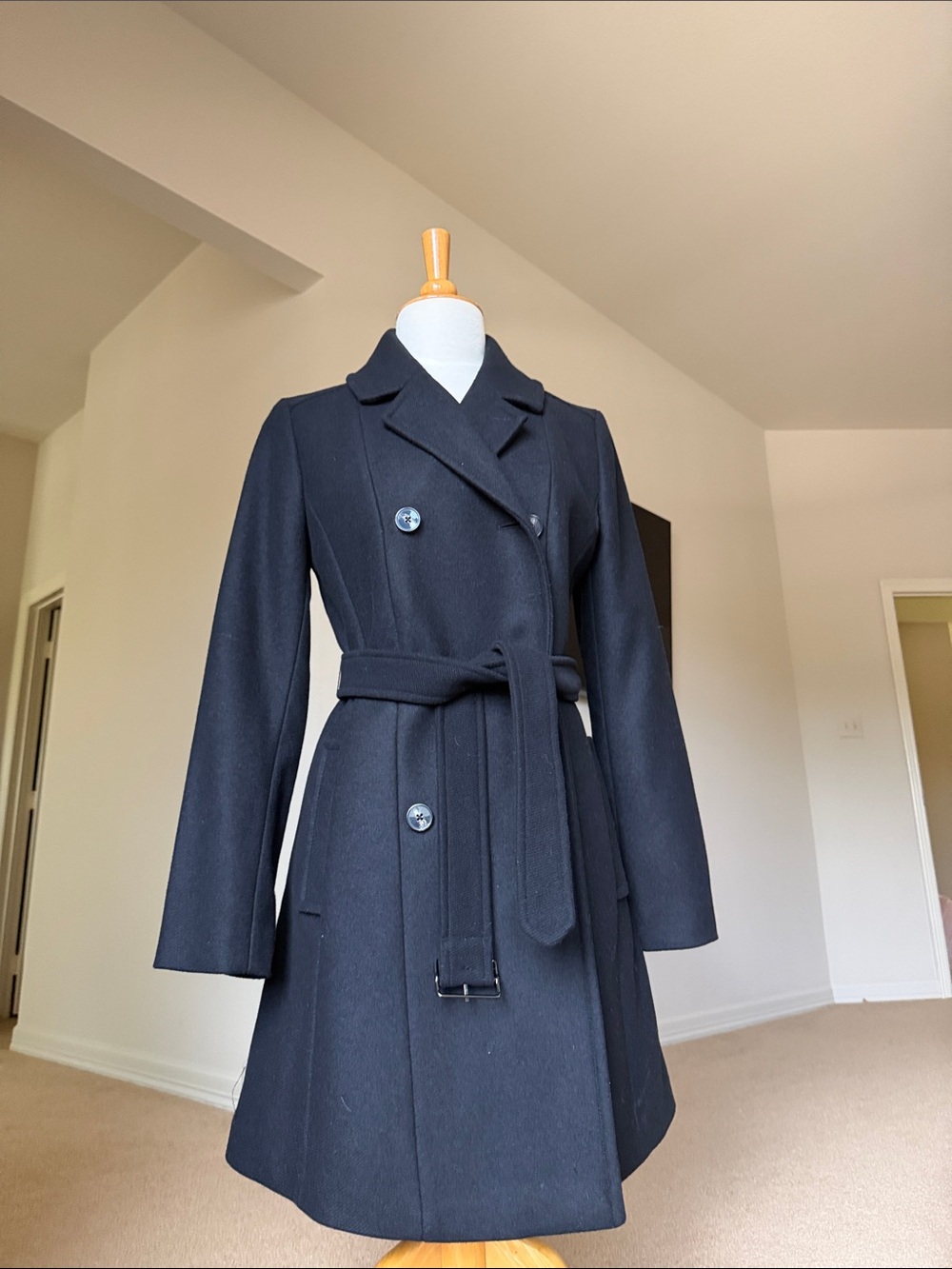 Express Black Wool Belted Double-Breasted Pea Coat